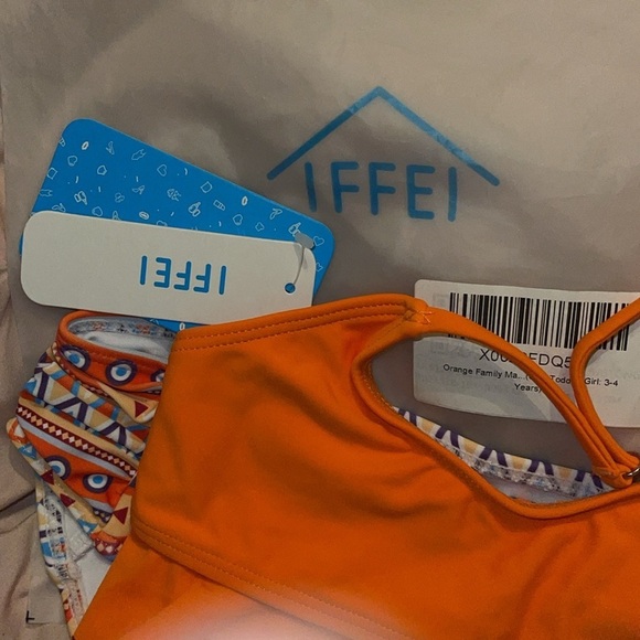 ๐NWT Girls 2 Piece Orange Multi Colored Aztec Ruffle Bikini sz 3/4 - Picture 5 of 10